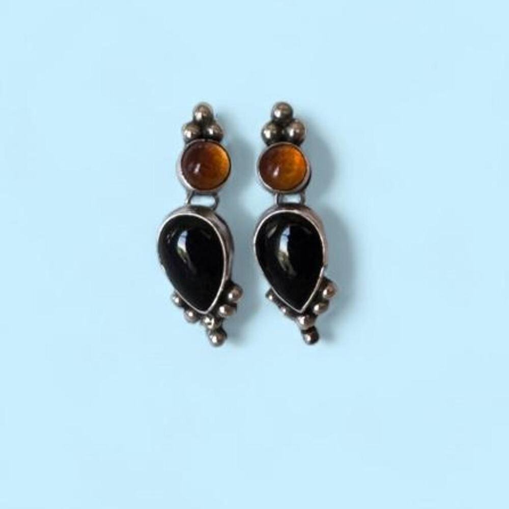 Vintage Obsidian and Amber Sterling silver drop earrings